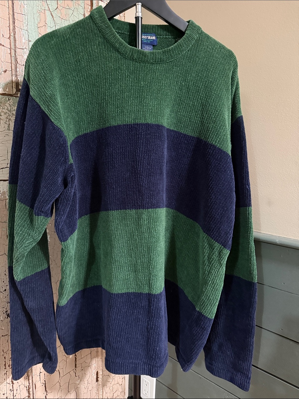 Guess Green and Navy Striped Crewneck Sweater